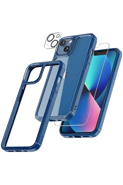 Generic iPhone 14Pro Blue Border Clear Cover Case 6.1" +2 Screen Protectors + 2 Camera Lens Protector