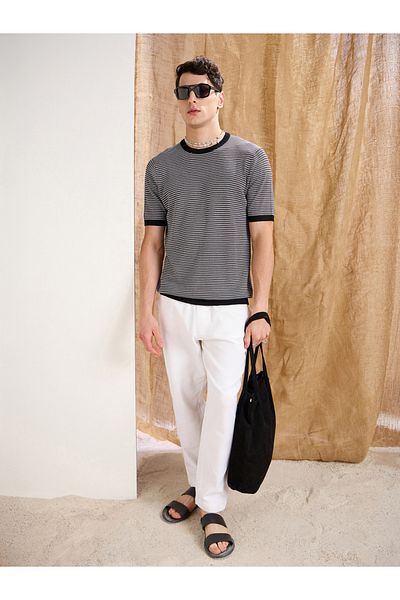 Mascln Sassafras By Styli Black and Grey Striped Premium Knit T-Shirt