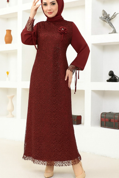 Ayşe Melek Kadın Giyim Abiye Moda File Pullu Güllü Tesettür Abiye Elbise 2517