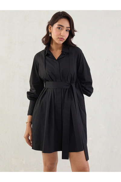 Styli Black Solid Poplin Pleated Shirt Mini Dress with Belted Detail