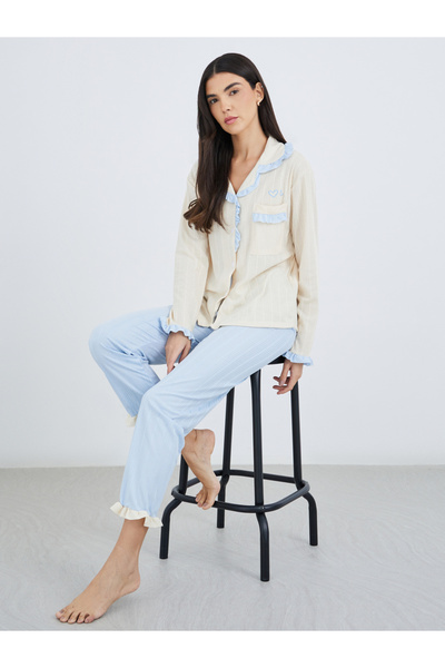 Styli طقم قميص وبيجامة مزخرف بحافة مكشكشة