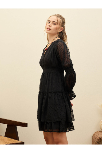 Sassafras By Styli Black Dobby V Neck Mini Dress