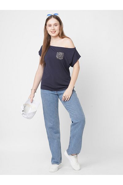 Mish By Styli Women Navy Blue Embellished Detail One Side Off-Shoulder T-Shirt