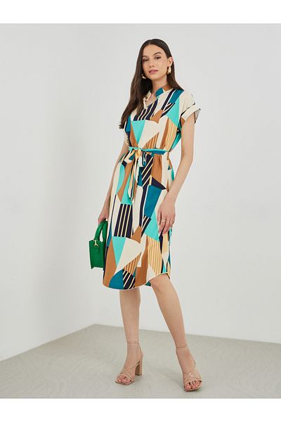 Styli Graphic Print Short Sleeve Belted Knee Length Dress