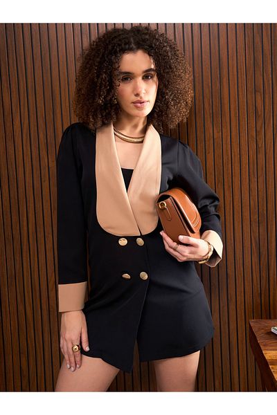 Sassafras By Styli Women Black Contrast Trim Double Breasted Blazer Mini Dress