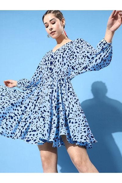 Kassually By Styli Women Stunning Blue Animal Printed Swirling Volume Dress
