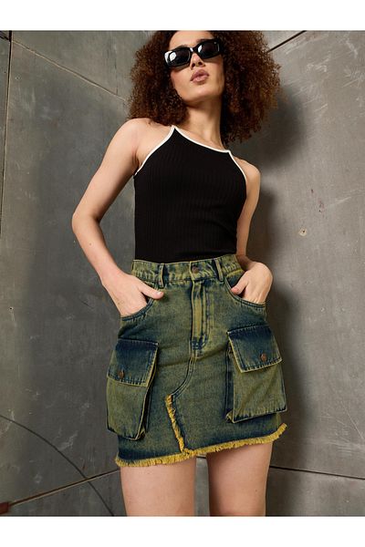 Sassafras By Styli Women Green Washed Denim A-Line Mini Skirt with Fringe Detail