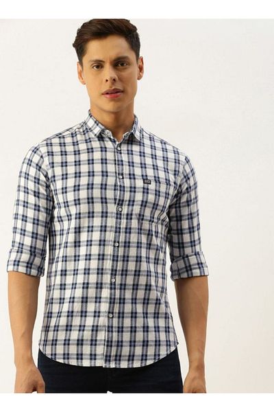 The Indian Garage Co By Styli Men White Slim Fit Checked Casual Shirt