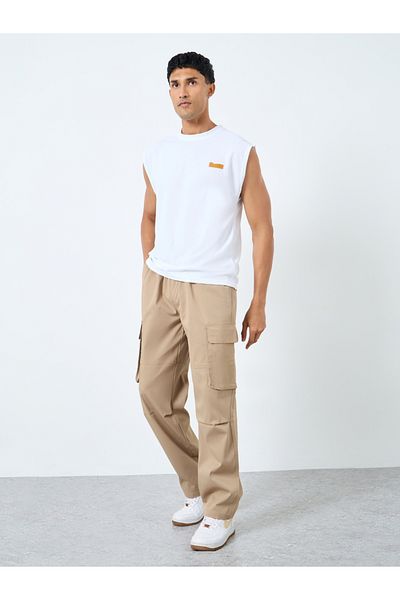 Styli Men Beige Woven Relaxed Fit Open Hem Joggers