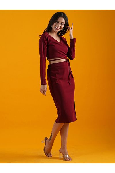 Globus By Styli Women Maroon Tie-Up Wrap Crop Top and Skirt Co-Ords