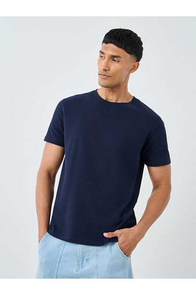 Styli Men Navy Blue Popcorn Textured Knit Crew Neck T-Shirt