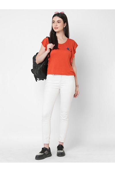 Mish By Styli Women Orange Embellished Bird Detail Ruffled Sleeves T-Shirt