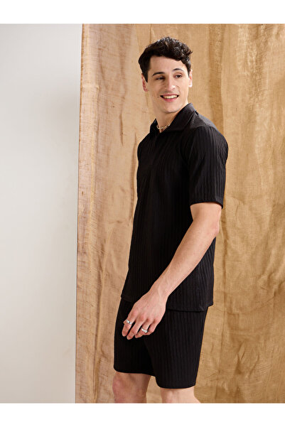 Mascln Sassafras By Styli Black Textured Relaxed Fit Polo Neck T-Shirt