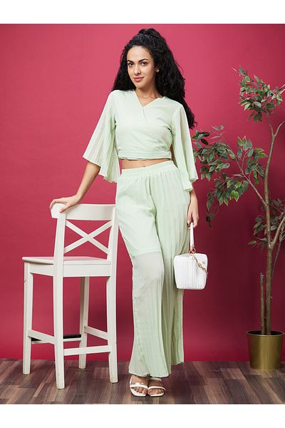 Globus By Styli Solid V-Neck Crop Top and Pleated Pants Co-Ords