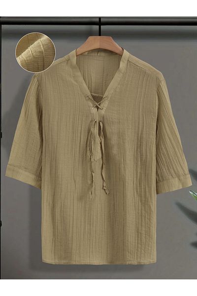 Styli Men Beige Textured Drawstring Front T-Shirt