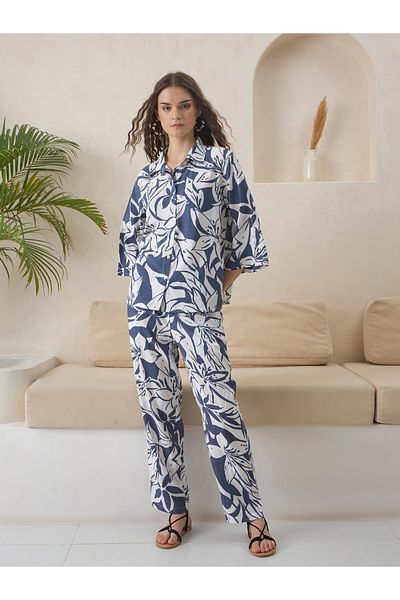 Sanskrutihomes By Styli Women Blue Floral Print 3/4 Sleeve Shirt and Pyjama Set