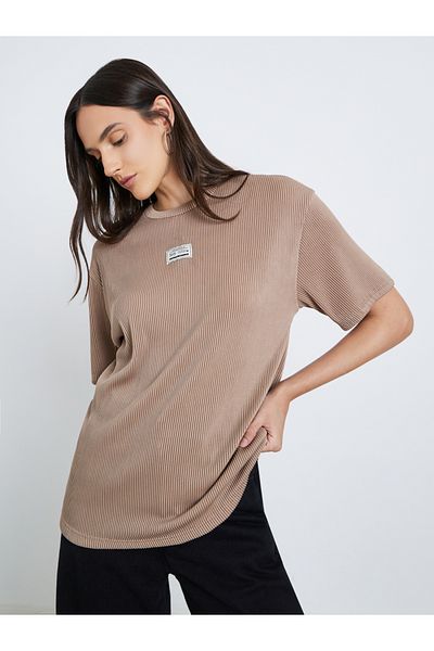 Styli Women Brown Ribbed Oversized T-Shirt