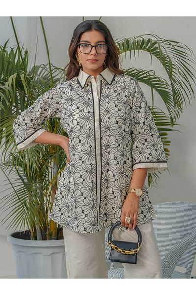 DW By Styli Floral Embroidered Shirt Collar Pure Cotton Tunic and Trousers Co-Ords