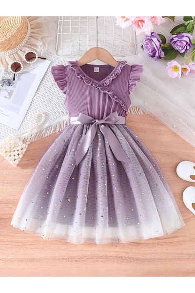 Styli Purple Bow Detail Embellished Mesh Dress