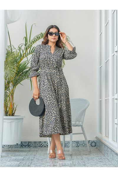 DW By Styli Animal Printed Bell Sleeves Midi Dress