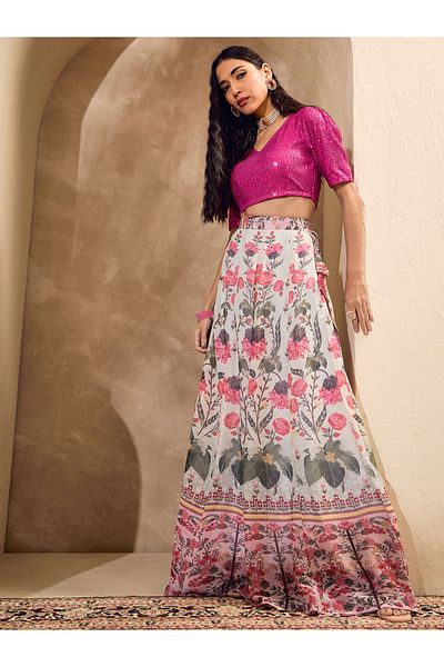 Sassafras By Styli Pink Sequins Crop Top with Floral Anarkali Skirt Co-Ords