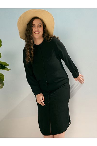 Sassafras By Styli Plus Black Shift Midi Dress with Front Button
