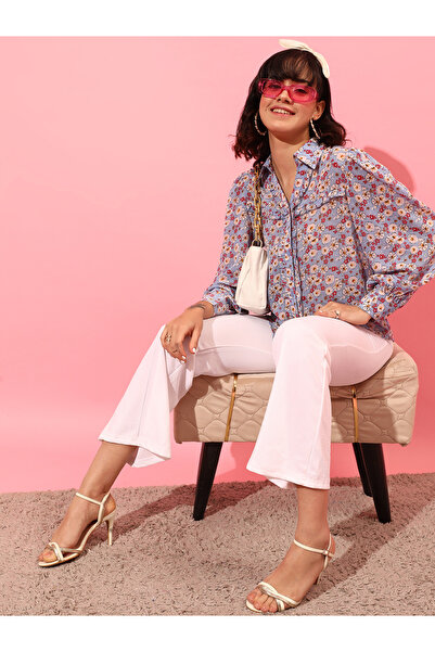 STREET 9 By Styli قميص نسائي مربع بطبعة زهور باللون الأزرق