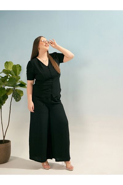 Sassafras By Styli Plus Black Solid Top and Trousers Co-Ords