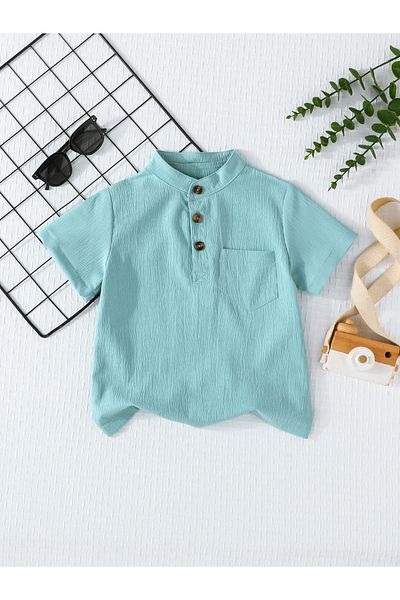 Styli Boy Green Solid Button Front Stand Collar Shirt