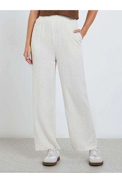 Styli White Linen Look Pants with Elastic Waist