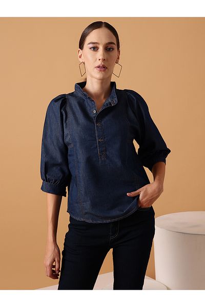 STREET 9 By Styli Puff Sleeve Cotton Denim Shirt