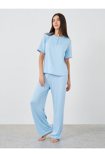Styli Solid Front Button Short Sleeve T-Shirt and Pyjama Set