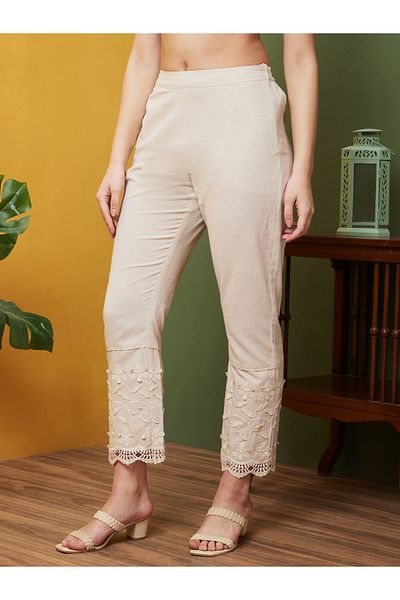 Globus By Styli Elasticated Waist Floral Applique Lace Hem Trousers