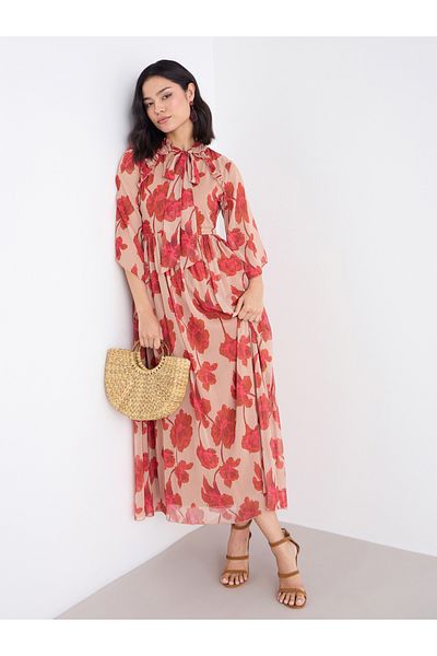 Styli Women Beige Tie-Up Neck Floral Print Maxi Dress