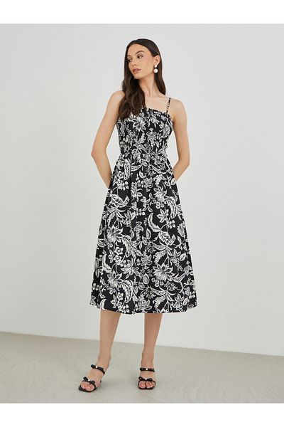 Styli Floral Print A-Line Smocking Detail Maxi Dress