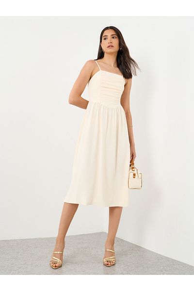 Styli Solid Gathered Front Strappy Midi Dress