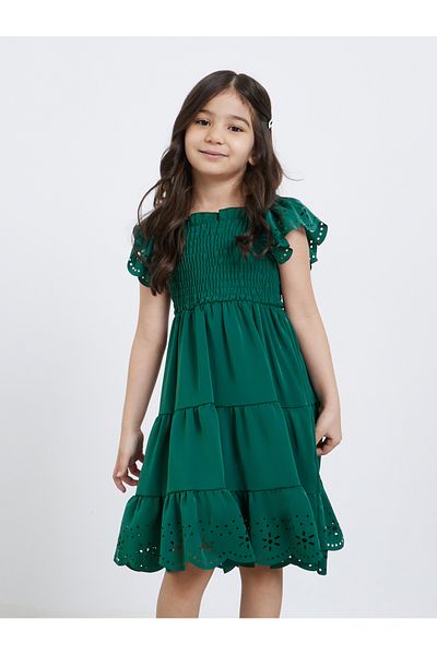 Styli Laser Cut Out and Smocked Detail Tiered Dress