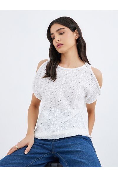 Styli Schiffli Cold Shoulder Sleeve Blouse