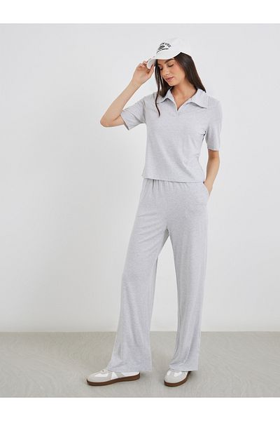 Styli Solid Polo T-Shirt and Loose Fit Pants Co-Ords