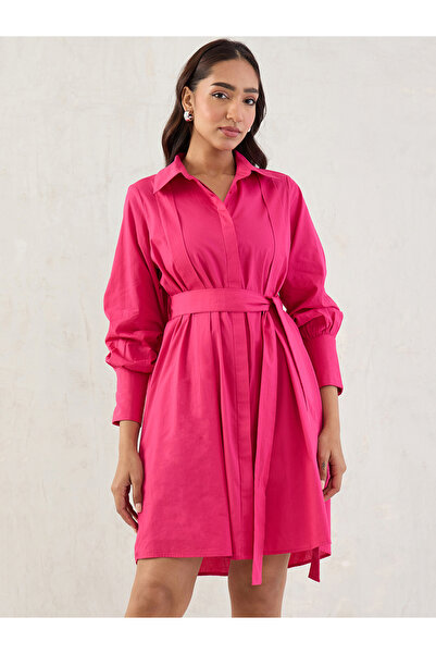 Styli Pink Solid Poplin Pleated Shirt Mini Dress with Belted Detail