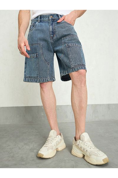 Mascln Sassafras By Styli Men Blue Washed Denim Relaxed Fit Carpenter Shorts