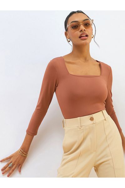 Sassafras By Styli Orange Square Neck Knitted Crop Top