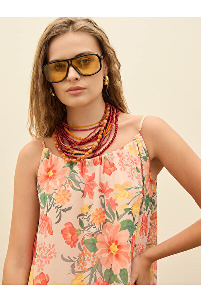 Sassafras By Styli Beige All-Over Floral Print Strappy A-Line Maxi Dress