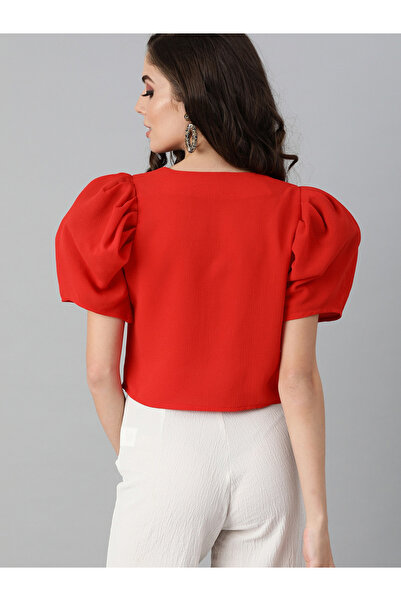 Kassually By Styli Women Red Solid Puff Sleeves Crop Top with Button Front