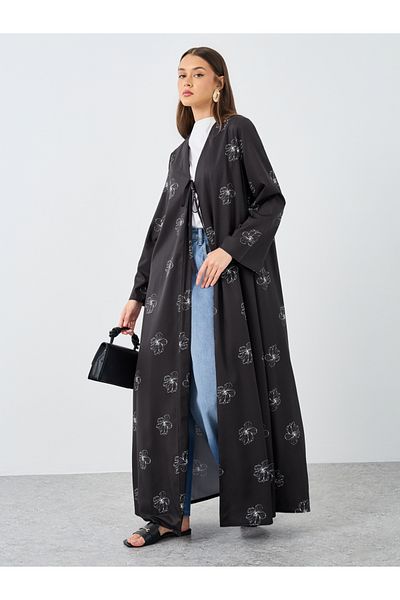 Styli Women Black Front Tie-Up Abaya with All Over Floral Print