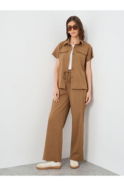 Styli Brown Solid Shirt and Wide Leg Pants Co-Ords