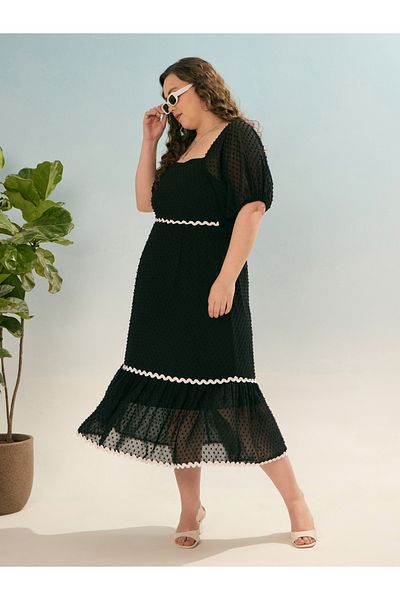 Sassafras By Styli Plus Black Dobby Smocked Midi Dress