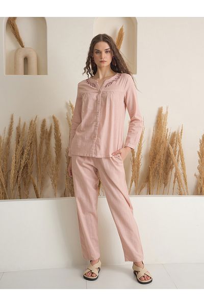 Sanskrutihomes By Styli Women Peach Embroidered Detail Pure Cotton Shirt and Pyjama Set