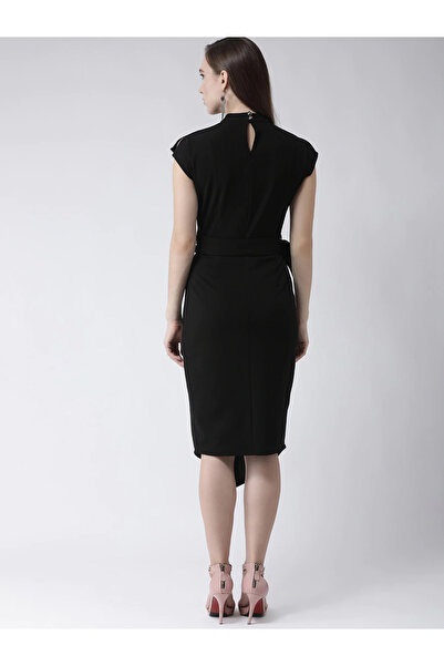 Kassually By Styli Women Black Solid Belted Asymmetric Hem Sheath Knee-Length Dress