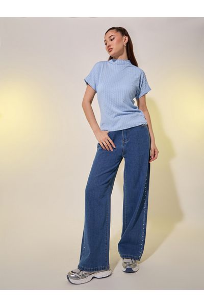 Styli Blue Textured High Neck T-Shirt